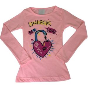 Camiseta Manga Longa Menina Rosa Claro Detalhes Coloridos