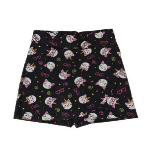 Shorts Saia Menina Preto Estampado Gatinho com Detalhes Neon