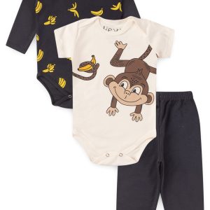 Kit Body Bebê 3 Peças Suedine Macaquinho