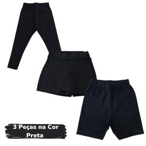 Kit Escolar 3pçs - Legging + Short Saia + Ciclista (Preto)