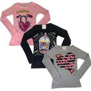 Kit 3pçs Camiseta Manga Longa Menina Infantil Com Detalhes