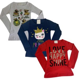 Kit 3pçs Camiseta Manga Longa Menina Infantil Com Detalhes