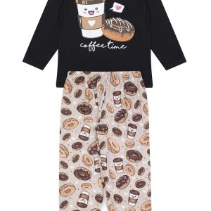 Pijama Infantil Feminino Inverno Coffe Time - Preto