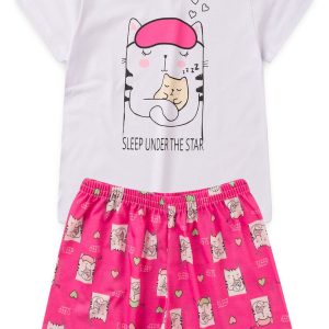 Pijama Infantil Feminino Verão Sleep Cat - Branco